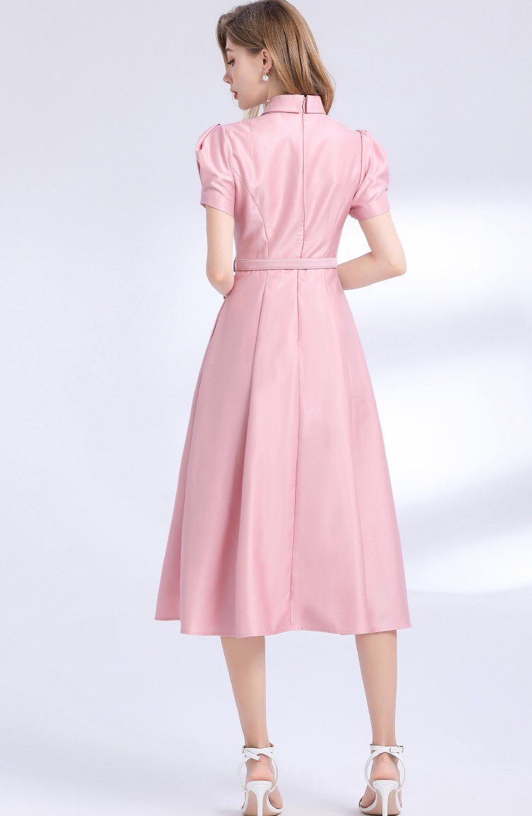 Elegant with belt pinched waist short sleeve dress