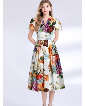 A buckle short sleeve dress A-line flowers shirt