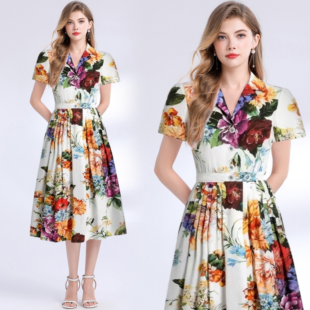 A buckle short sleeve dress A-line flowers shirt