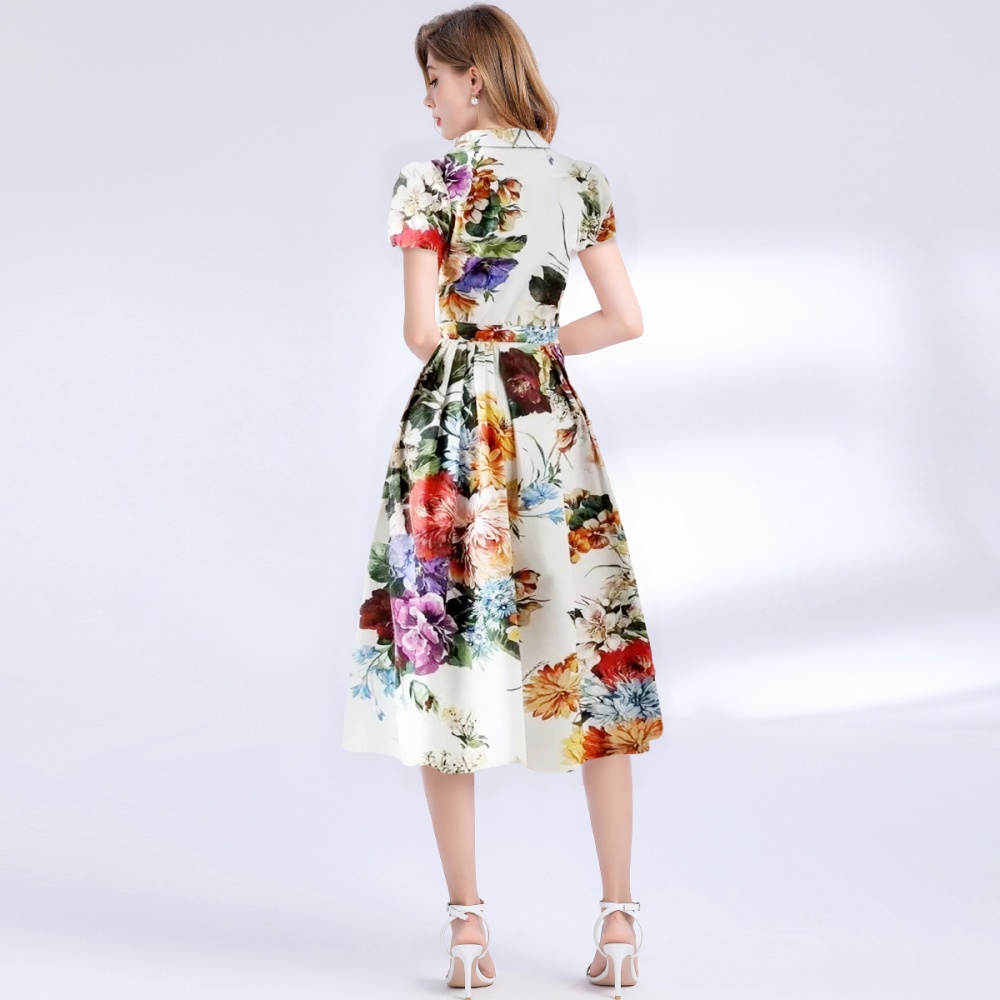A buckle short sleeve dress A-line flowers shirt
