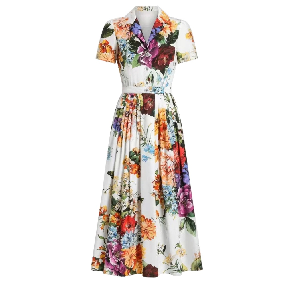 A buckle short sleeve dress A-line flowers shirt