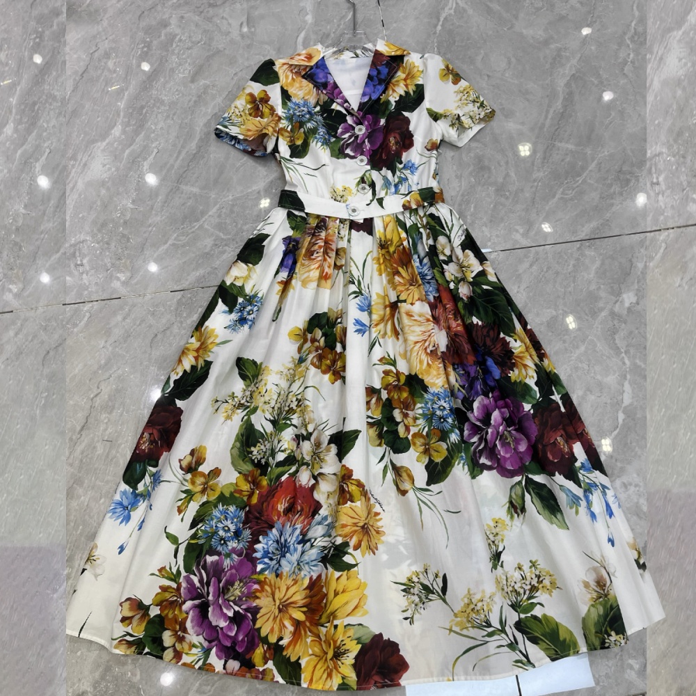 A buckle short sleeve dress A-line flowers shirt