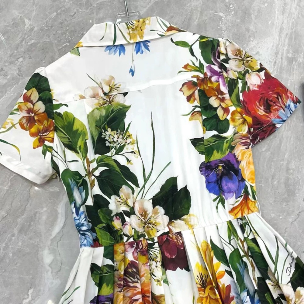 A buckle short sleeve dress A-line flowers shirt