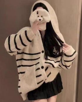 Pocket puppy cardigan loose stripe coat