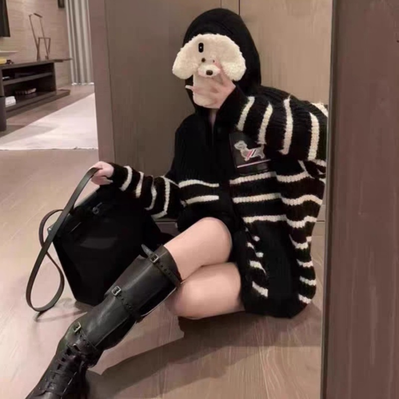 Pocket puppy cardigan loose stripe coat