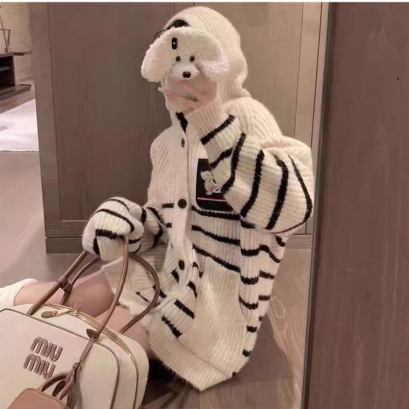 Pocket puppy cardigan loose stripe coat
