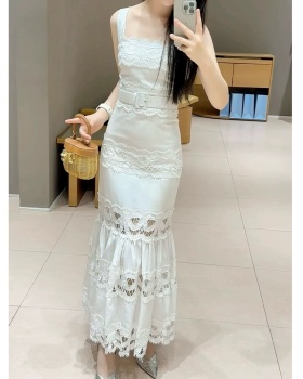 Cotton linen autumn sling white bow lace hollow pure dress