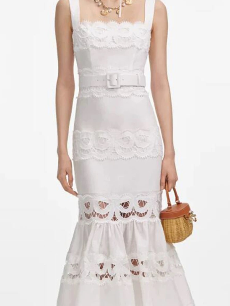 Cotton linen autumn sling white bow lace hollow pure dress
