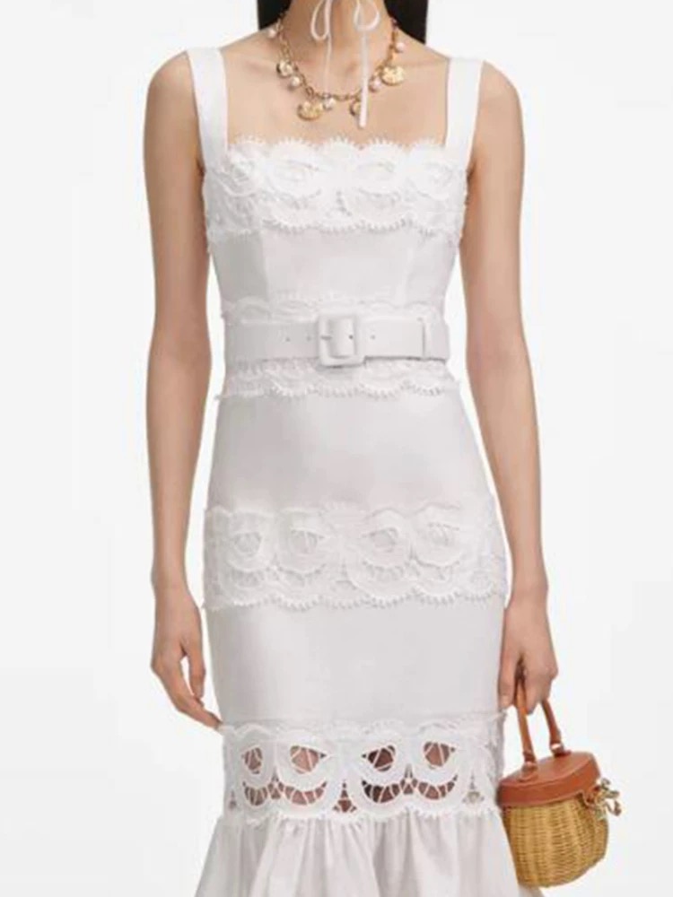 Cotton linen autumn sling white bow lace hollow pure dress