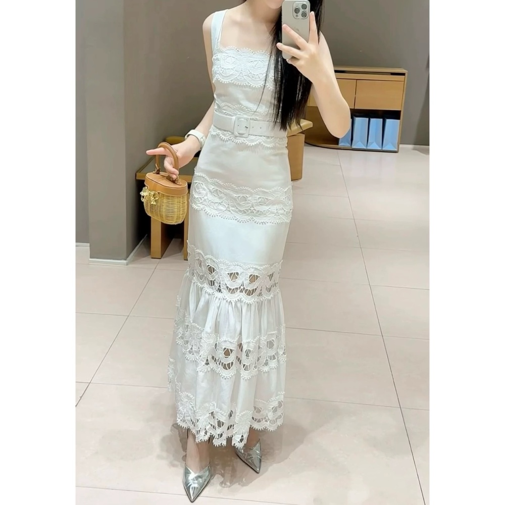 Cotton linen autumn sling white bow lace hollow pure dress