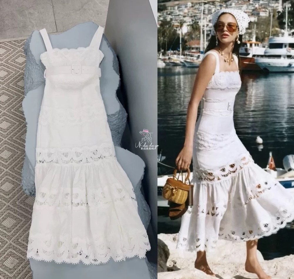Cotton linen autumn sling white bow lace hollow pure dress