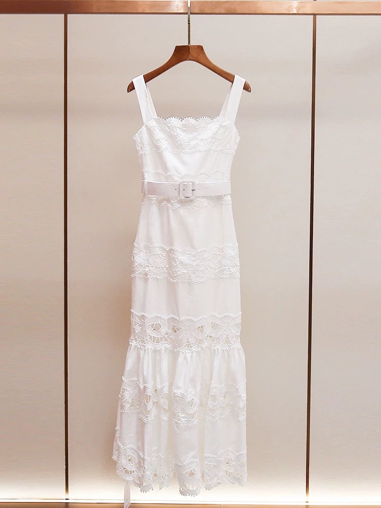 Cotton linen autumn sling white bow lace hollow pure dress