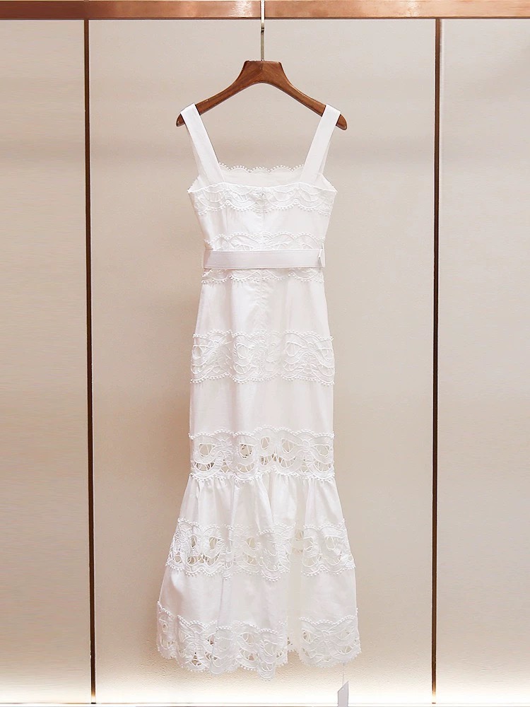 Cotton linen autumn sling white bow lace hollow pure dress