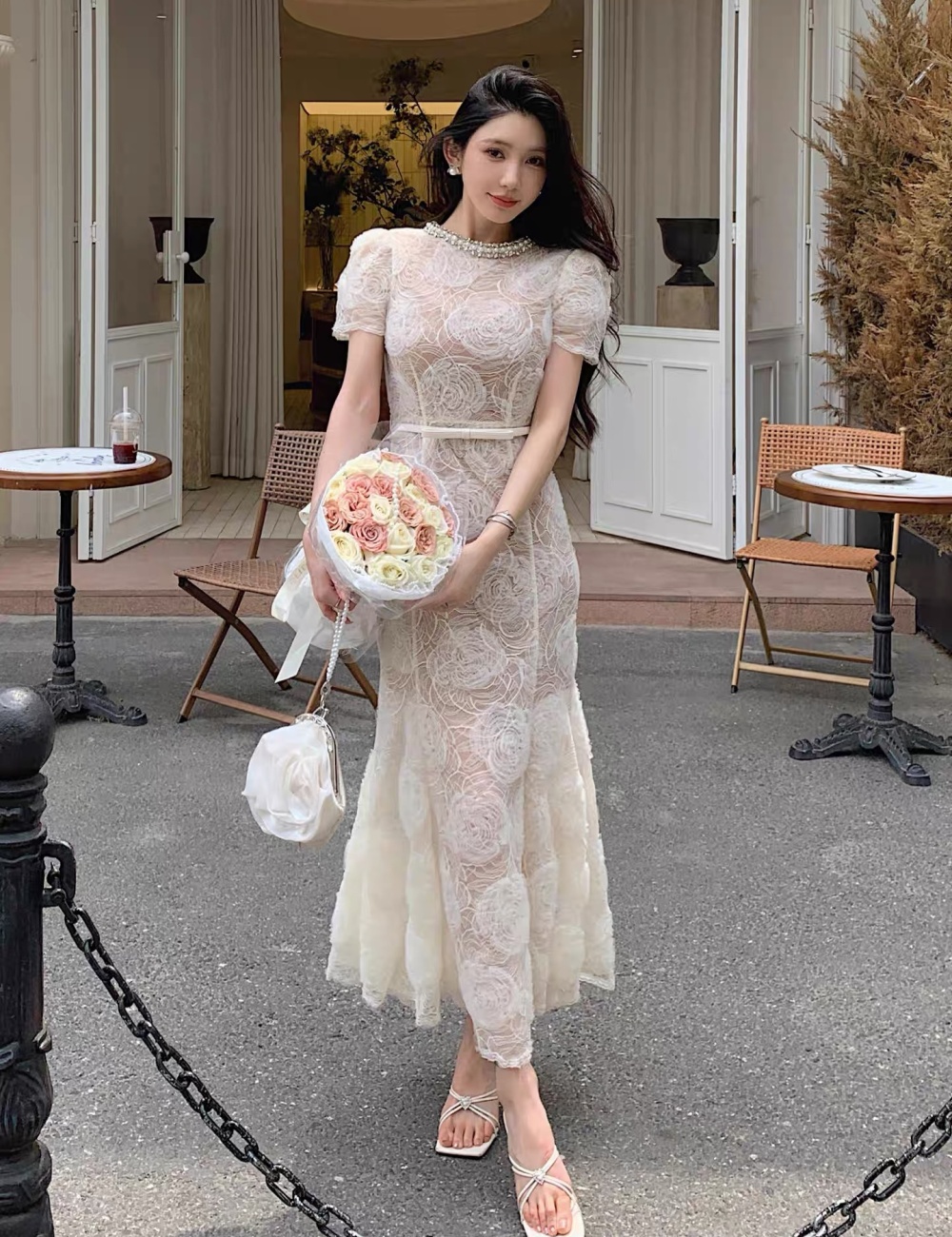 Pinched waist long summer beading dress