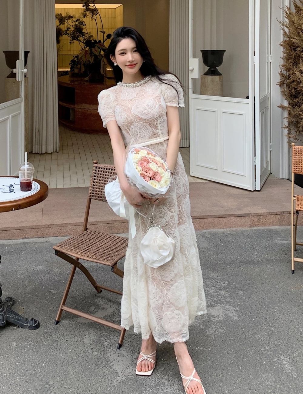 Pinched waist long summer beading dress
