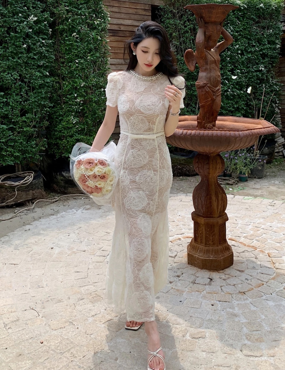 Pinched waist long summer beading dress