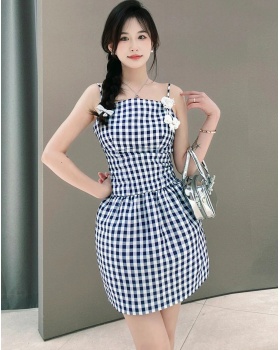 Sling autumn dress bud blue grid T-back