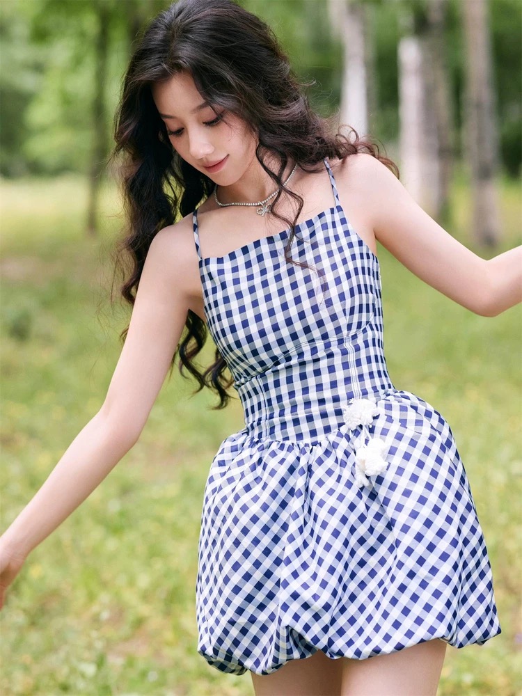 Sling autumn dress bud blue grid T-back