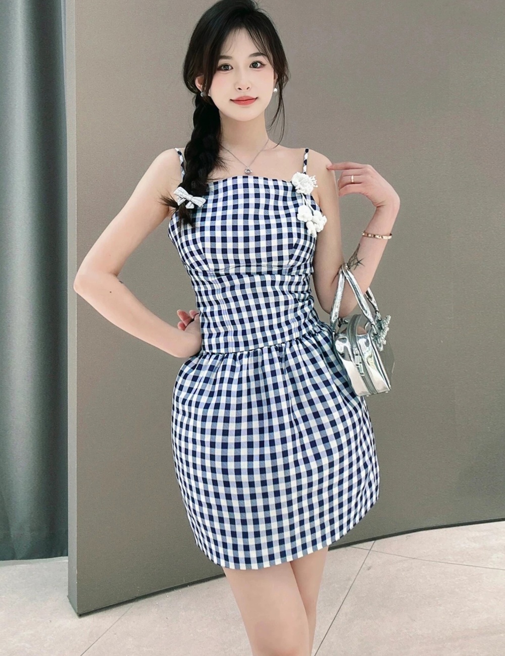 Sling autumn dress bud blue grid T-back