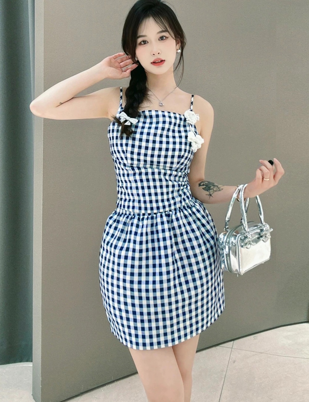 Sling autumn dress bud blue grid T-back