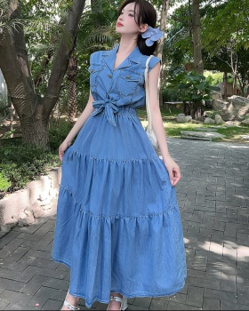 Washed elastic waist long dress denim bandage dress