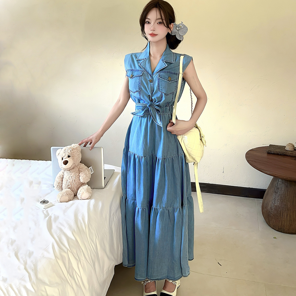 Washed elastic waist long dress denim bandage dress
