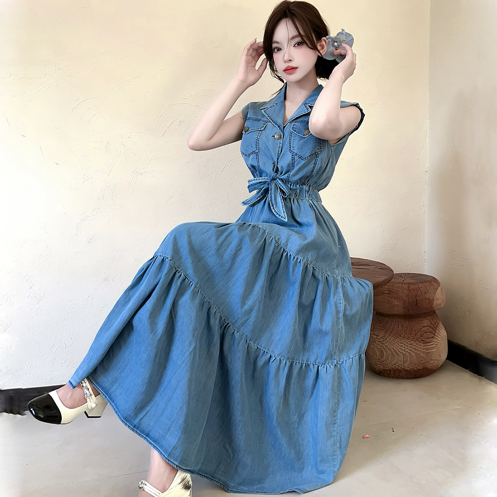 Washed elastic waist long dress denim bandage dress