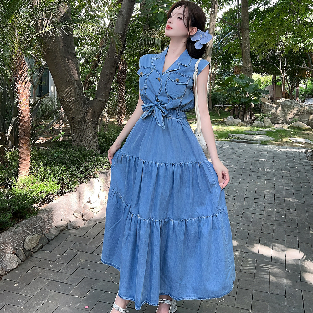 Washed elastic waist long dress denim bandage dress