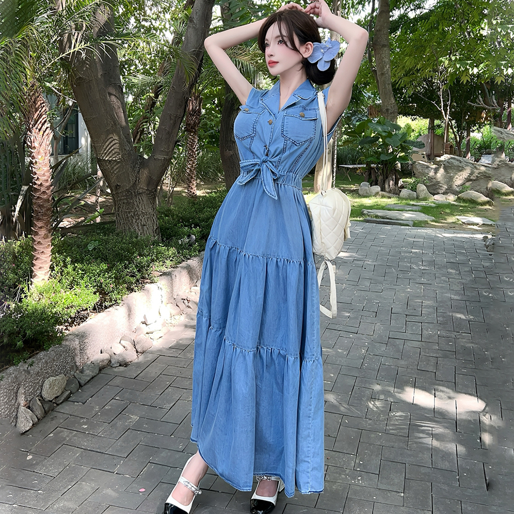 Washed elastic waist long dress denim bandage dress