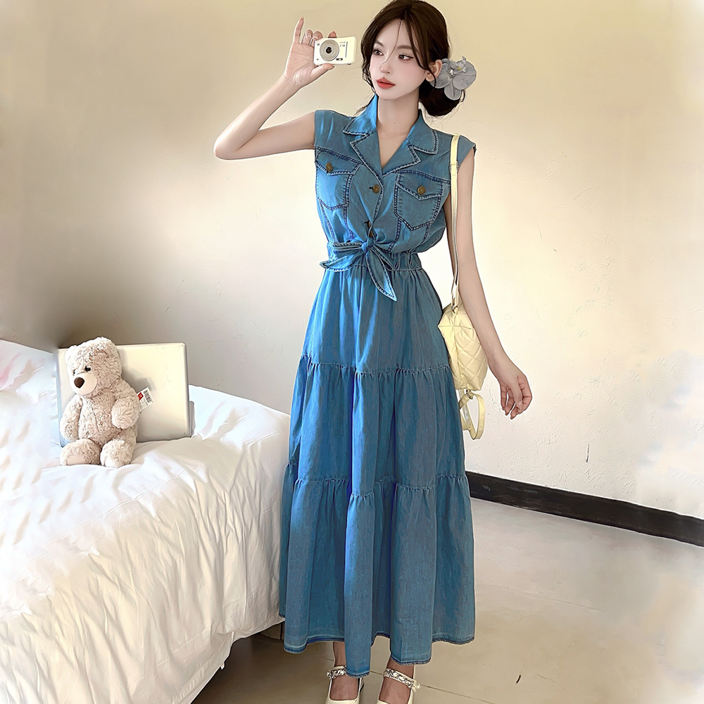 Washed elastic waist long dress denim bandage dress