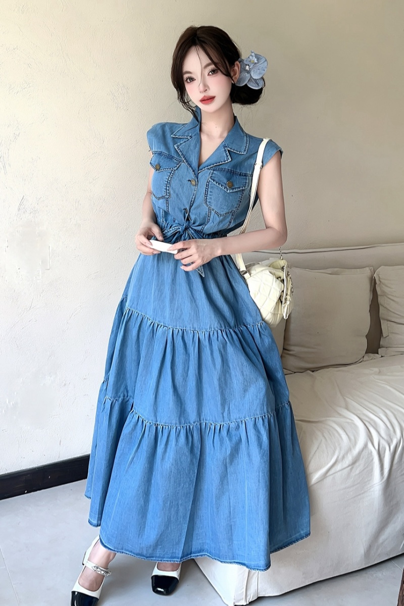 Washed elastic waist long dress denim bandage dress