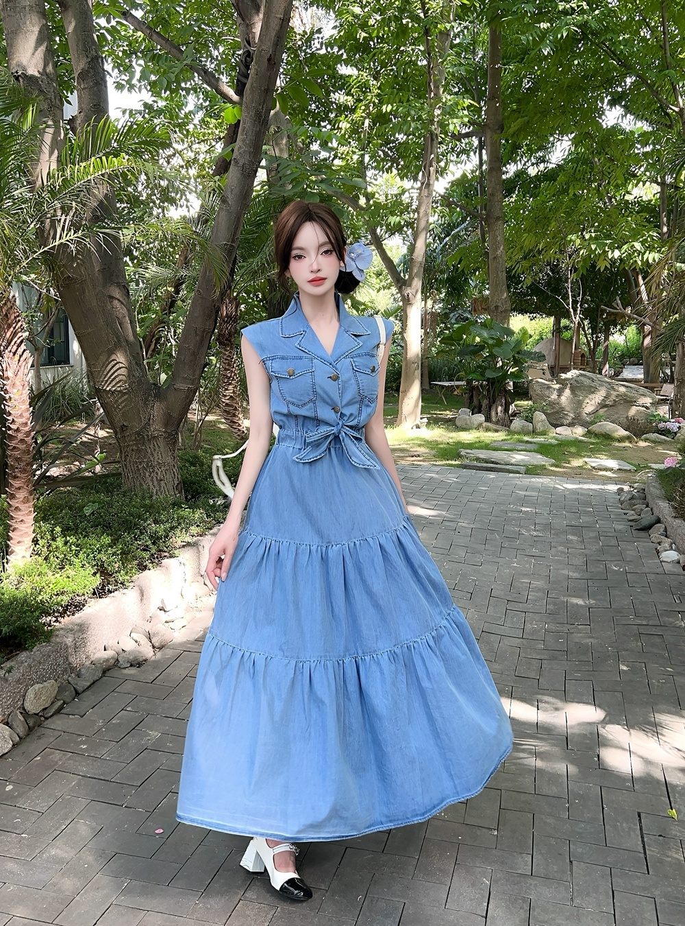 Washed elastic waist long dress denim bandage dress