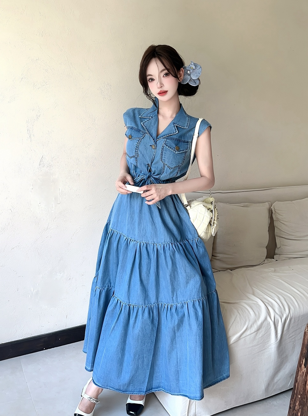 Washed elastic waist long dress denim bandage dress