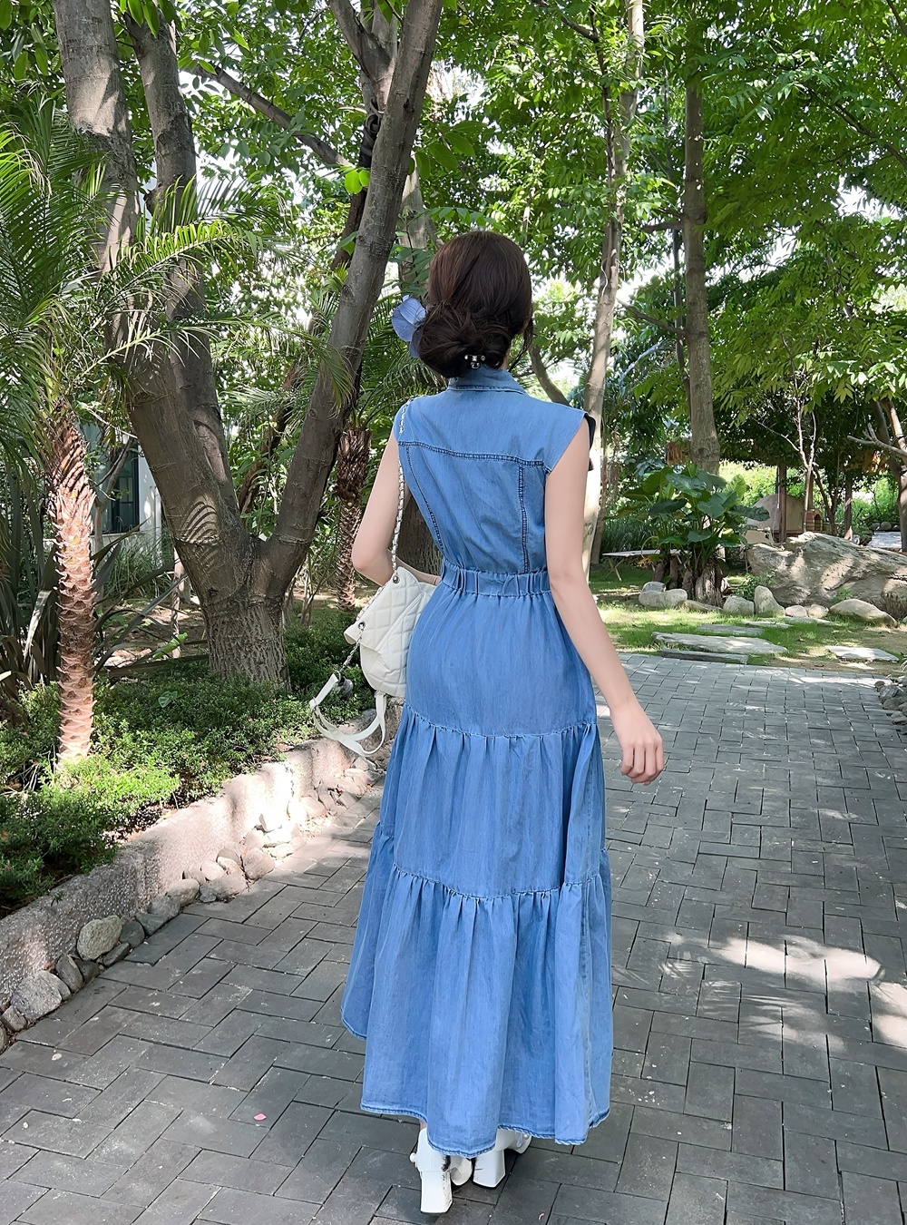 Washed elastic waist long dress denim bandage dress