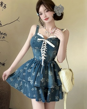 Printing sling dress denim corset for women