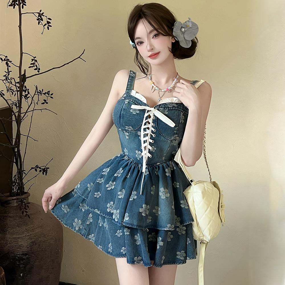 Printing sling dress denim corset for women