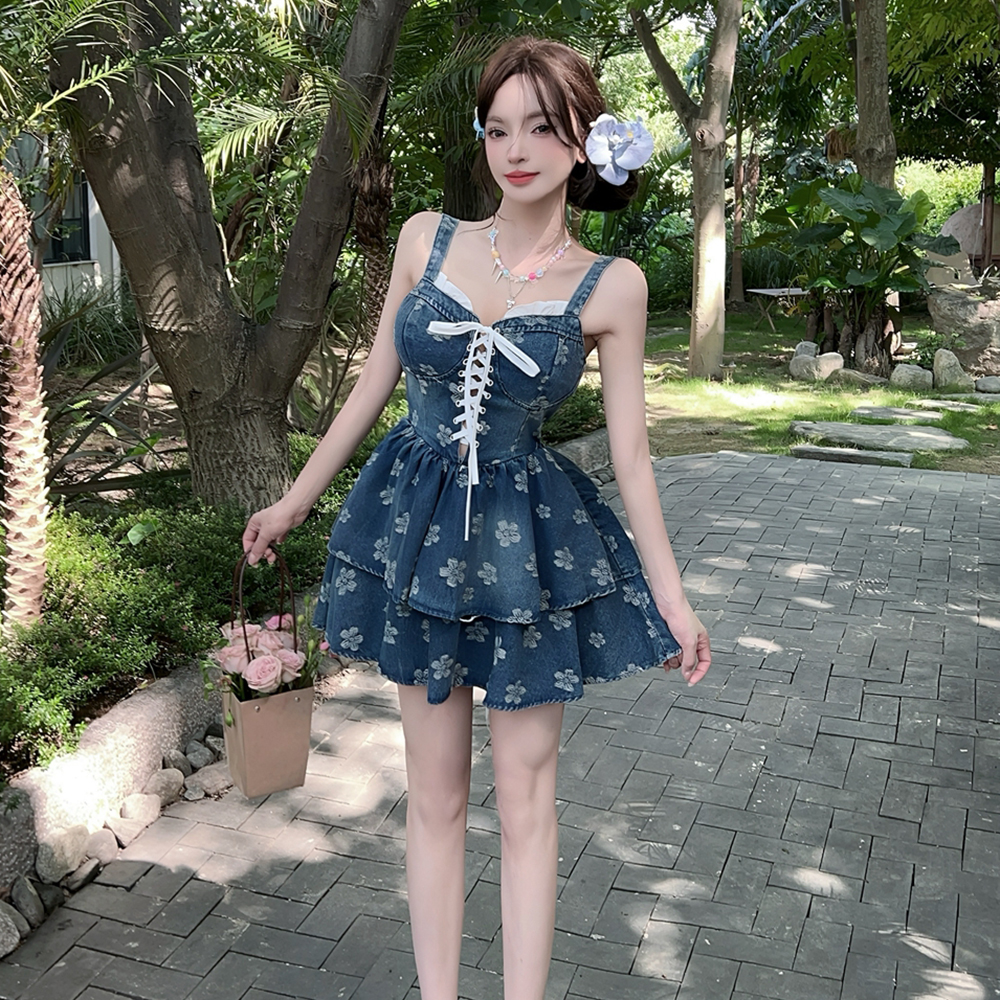 Printing sling dress denim corset for women