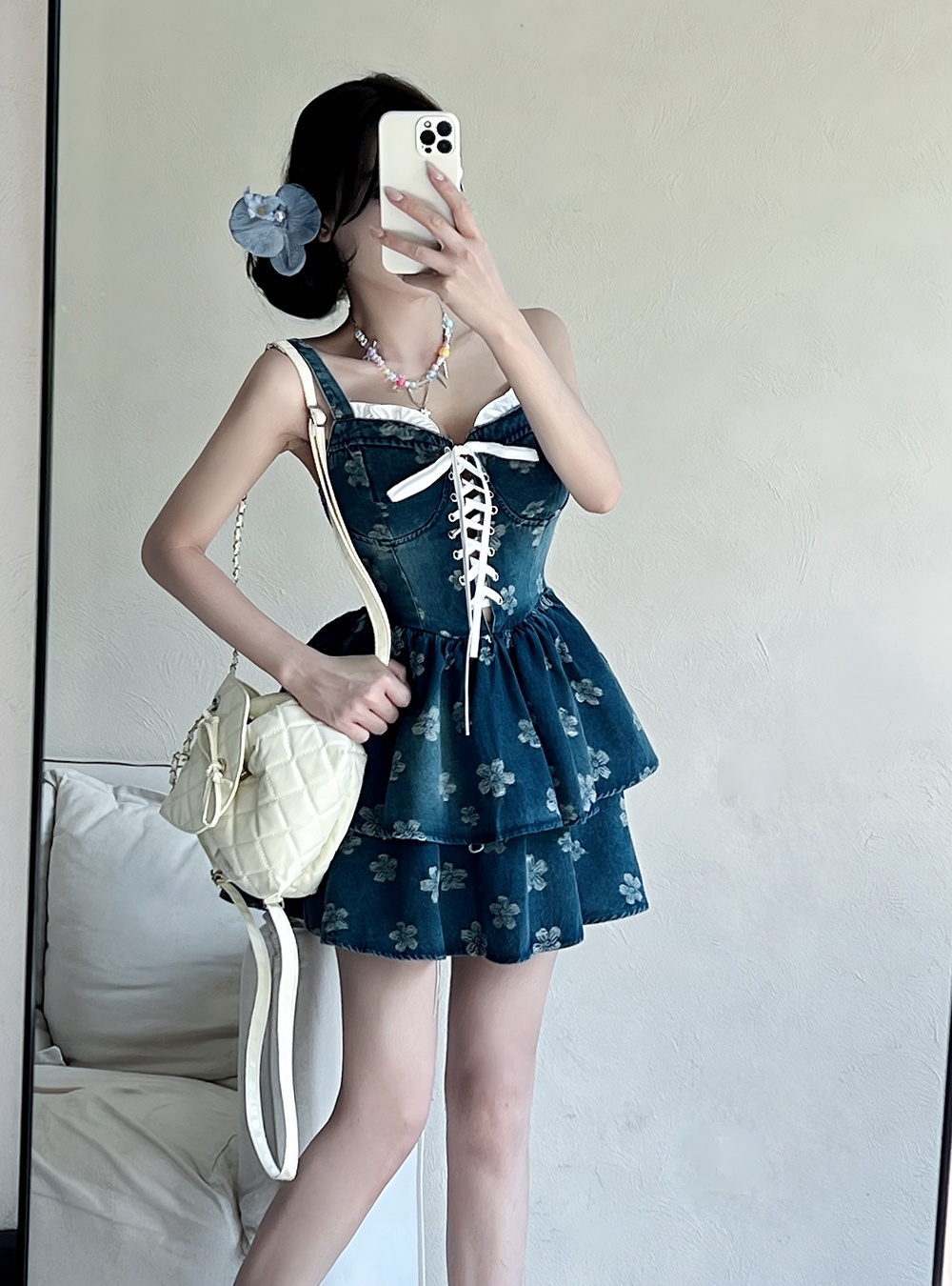 Printing sling dress denim corset for women