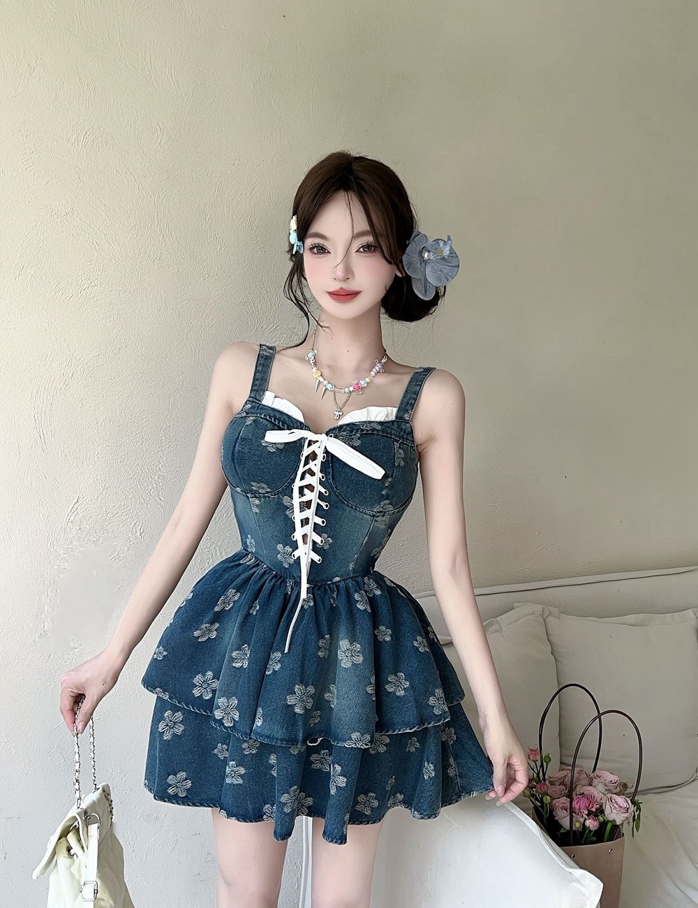 Printing sling dress denim corset for women