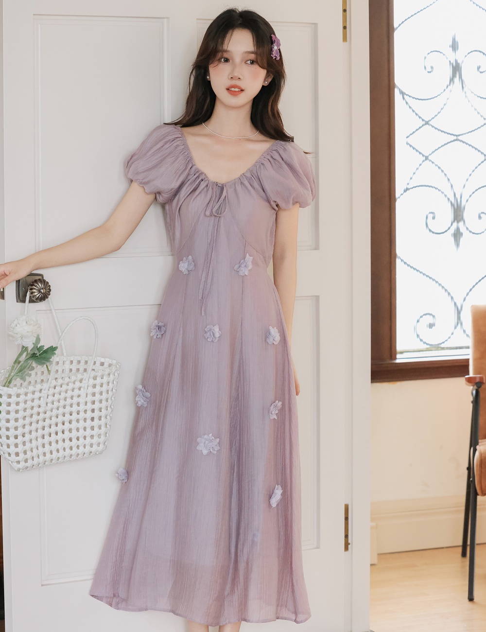 Summer flowers V-neck frenum tender dress for women