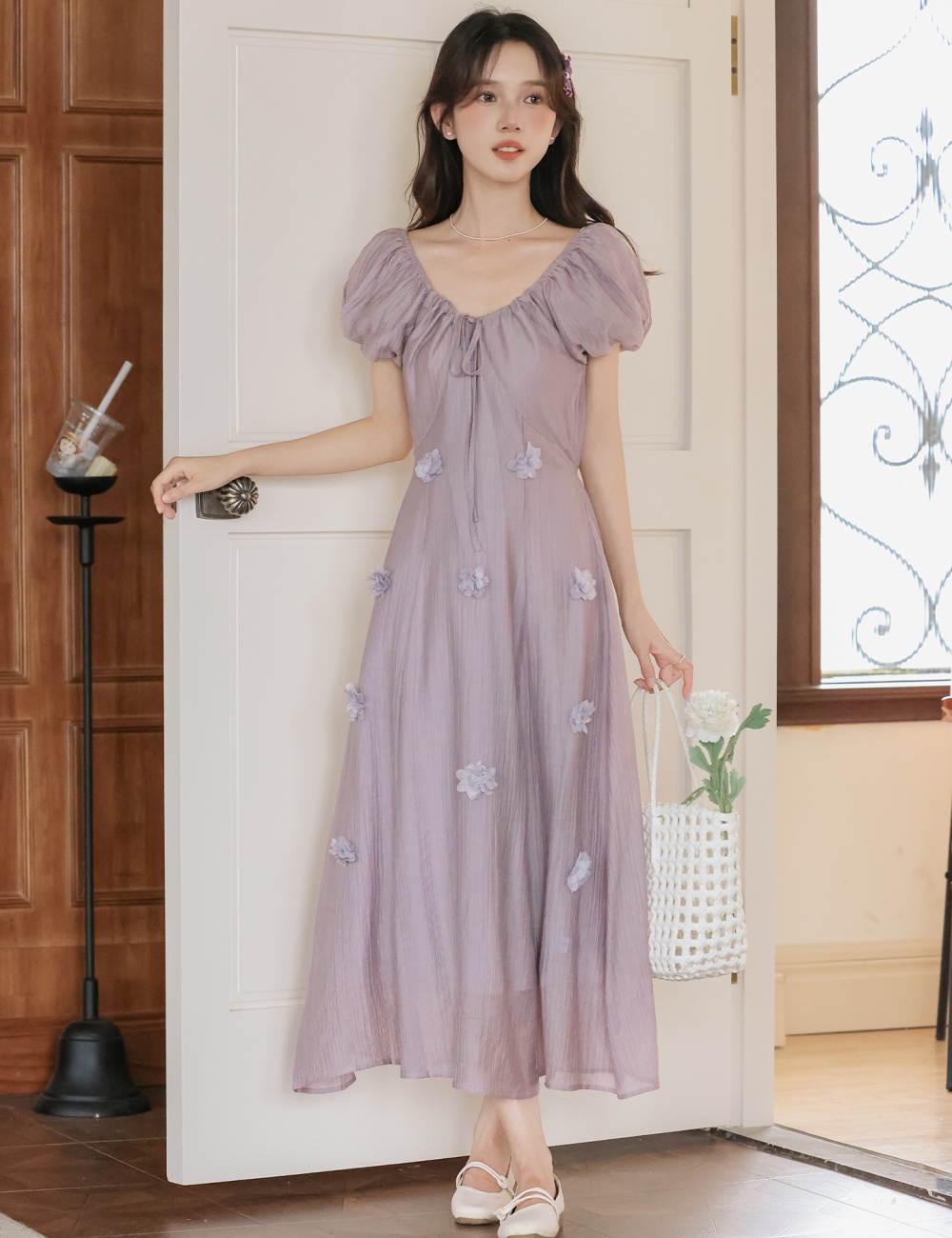 Summer flowers V-neck frenum tender dress for women