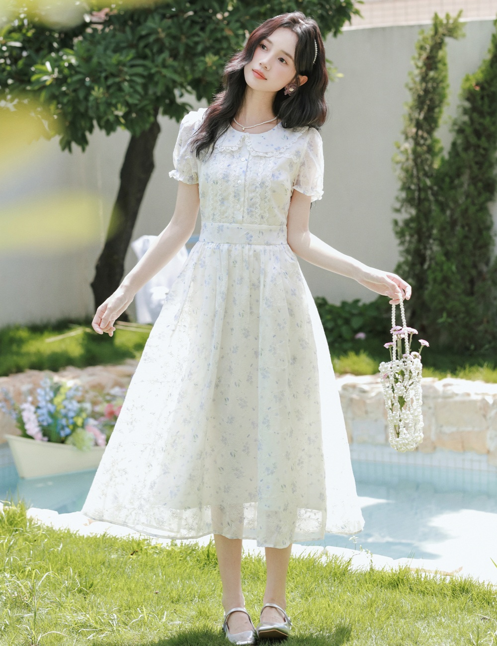 Jacquard embroidery floral art violet dress