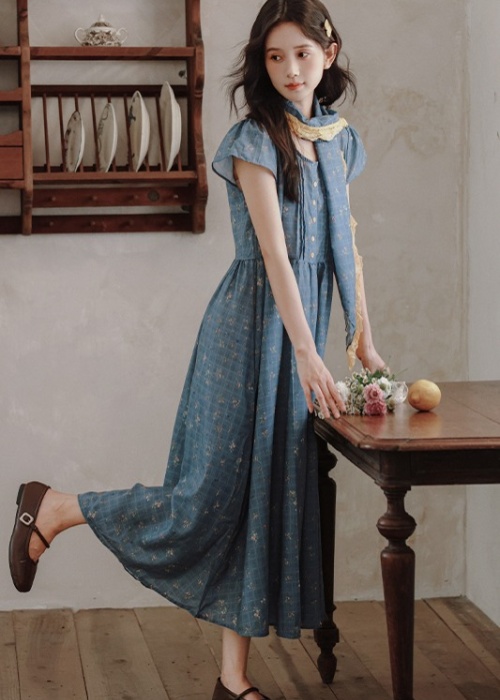 Retro art scarves floral dress 2pcs set for women