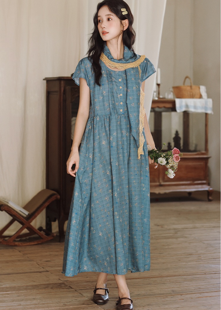 Retro art scarves floral dress 2pcs set for women