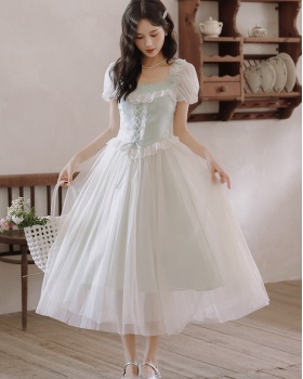 Lace maiden long dress boats sleeve splice dress