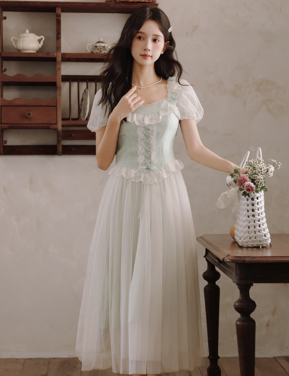 Lace maiden long dress boats sleeve splice dress