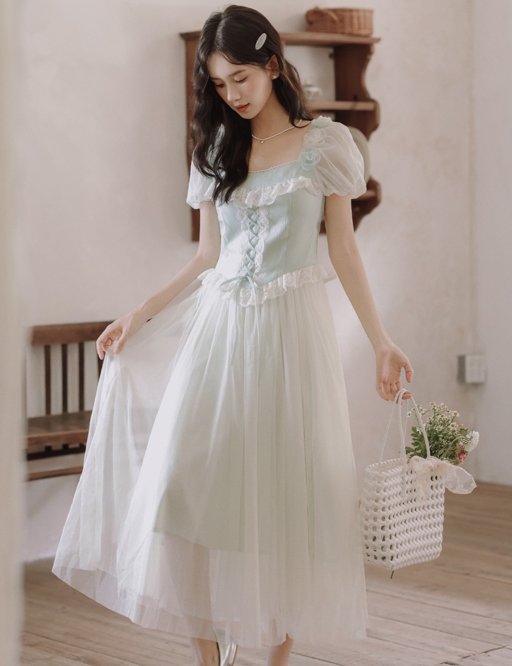 Lace maiden long dress boats sleeve splice dress