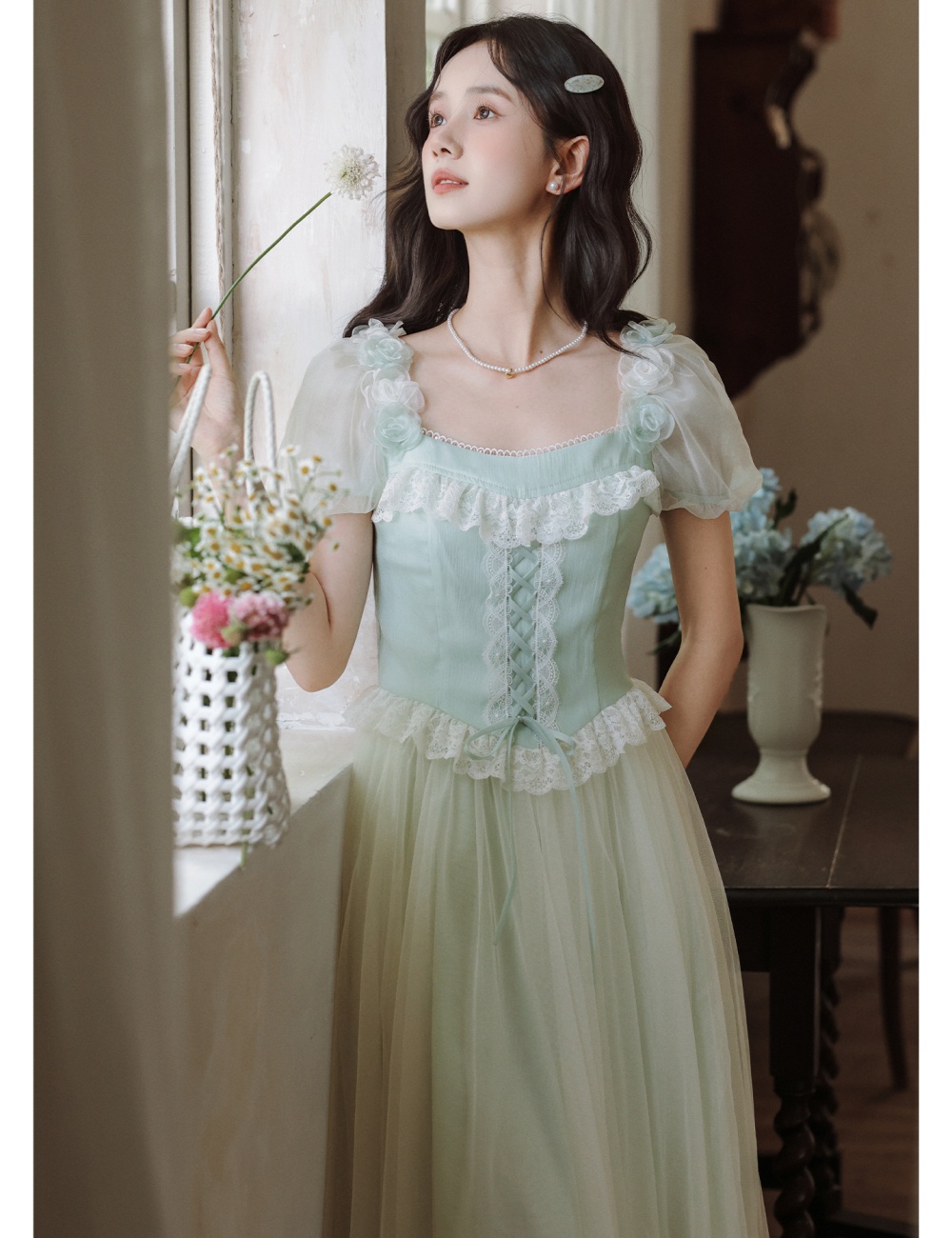 Lace maiden long dress boats sleeve splice dress