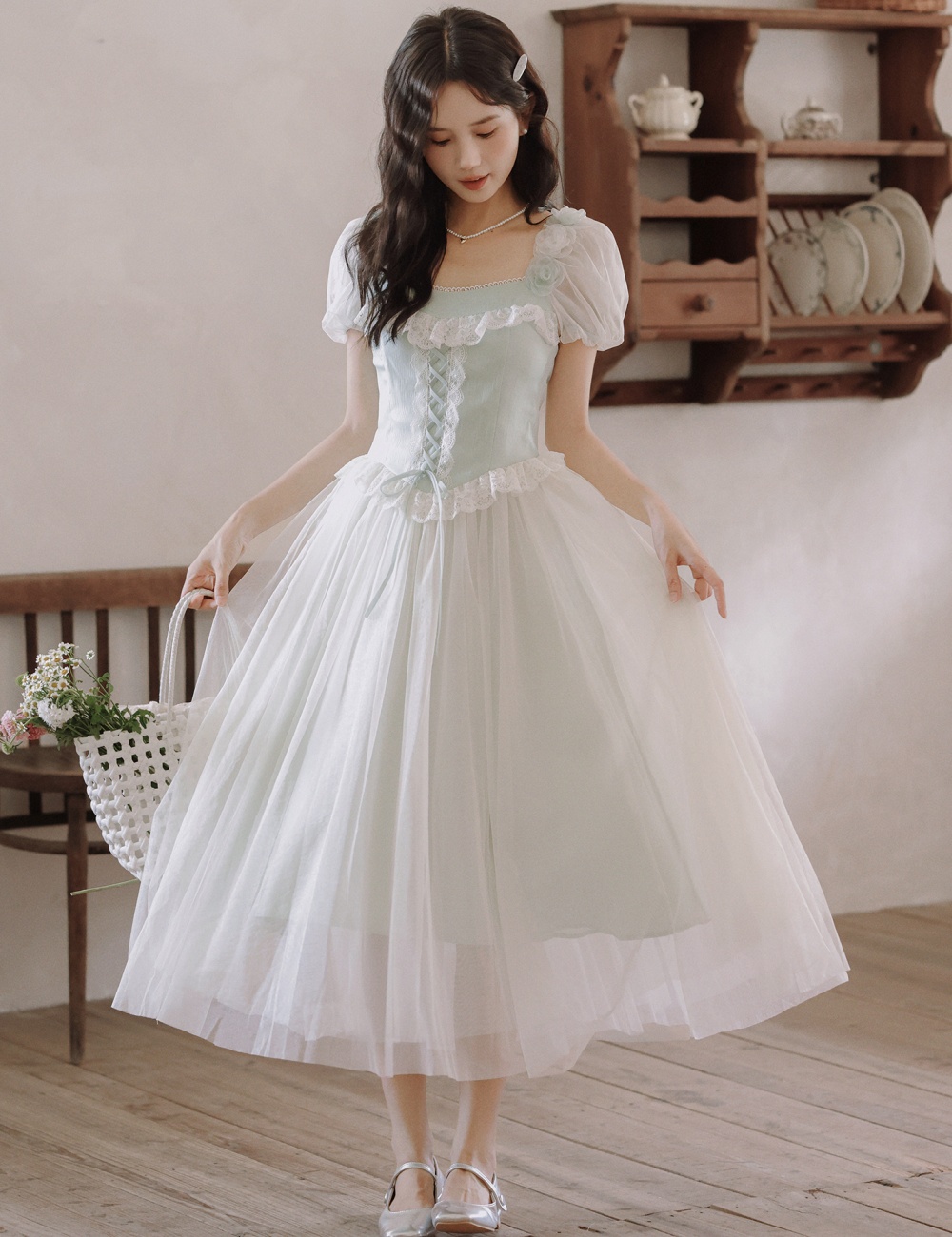 Lace maiden long dress boats sleeve splice dress