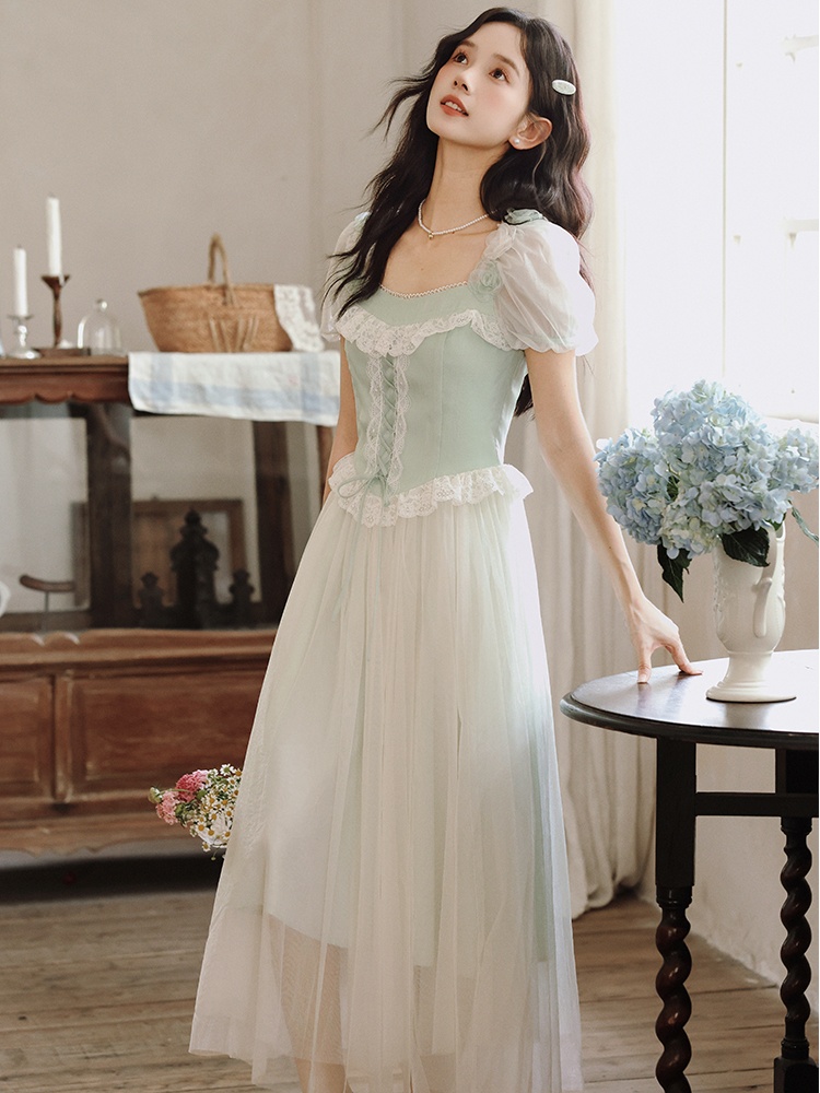 Lace maiden long dress boats sleeve splice dress
